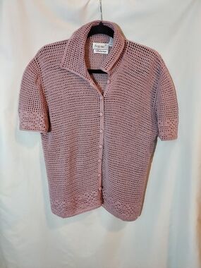 VTG That’s Me Hand Crochet Button Up Knit Polo Cardigan Shirt Dusty Pink M